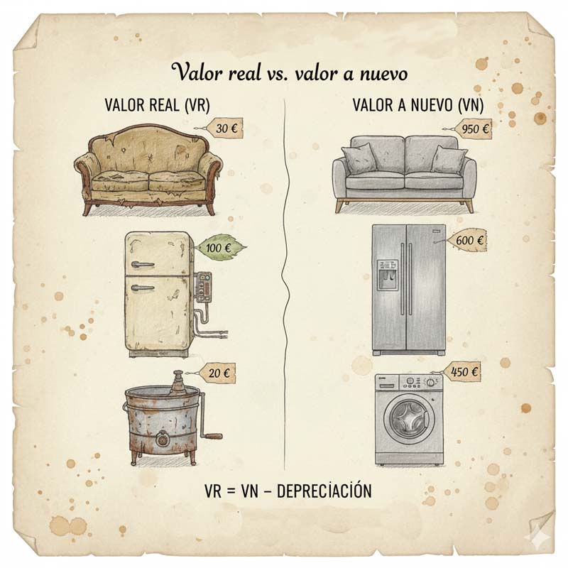 Tabla explicando Valor Real y Valor a Nuevo en tasaciones de seguros